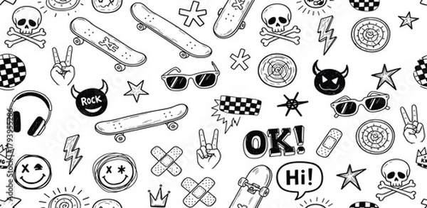 Fototapeta Doodle Elements A Pattern of Skateboard, Skull, Lightning, and Smiley Face Icons on a White Background