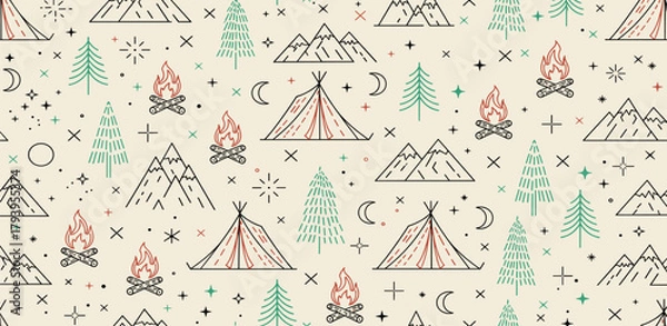 Fototapeta Camping Adventure Pattern Tents, Bonfires, Mountains, and Pine Trees