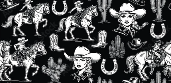 Fototapeta Cowgirl illustrations and rodeo elements in a black and white western theme