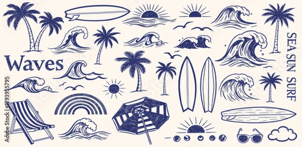 Fototapeta Collection of beach and surf elements including waves, palm trees, surfboards, and sun for summer and travel designs
