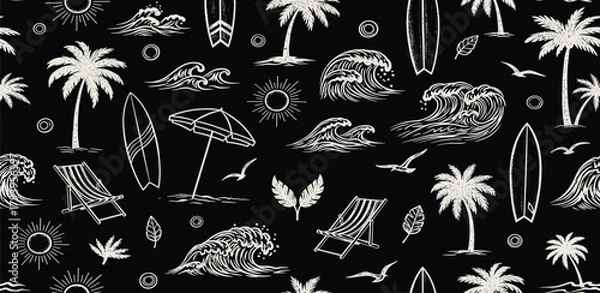 Fototapeta Beach vacation and summer holiday seamless pattern with palm trees, surfboards, waves, and beach chairs