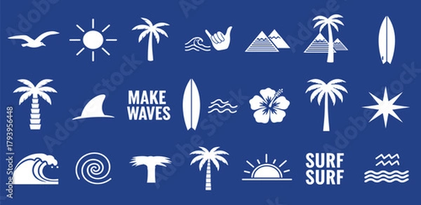 Fototapeta Collection of Tropical and Surfing Themed Icons Including Palm Trees, Waves, Sun, and Mountains on a Blue Background