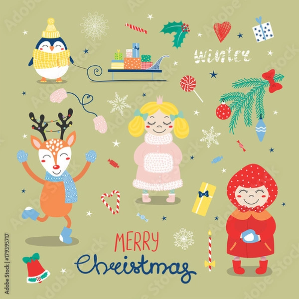 Fototapeta Set of hand drawn flat Christmas design elements with cute cartoon princess, penguin, sledge with gifts, deer, little girl, typography Merry Christmas, Winter. Isolated objects. Vector illustration .