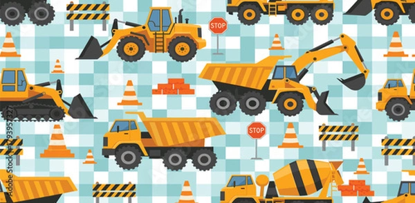 Fototapeta Construction vehicle pattern with diggers, dump trucks, concrete mixer, cones, and barriers on a blue checkered background
