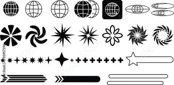 Fototapeta Elegant Black and White Graphic Elements Globes, Stars, Spirals, Arrows