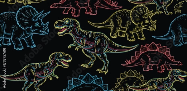 Fototapeta Vibrant seamless pattern of retro neon sketch dinosaurs like T-Rex and Triceratops on a dark, repeating background wallpaper design