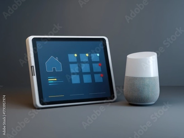 Obraz Smart home control system concept with tablet and speaker