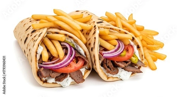 Obraz Delicious gyros wraps packed with fresh ingredients and crispy fries food photography