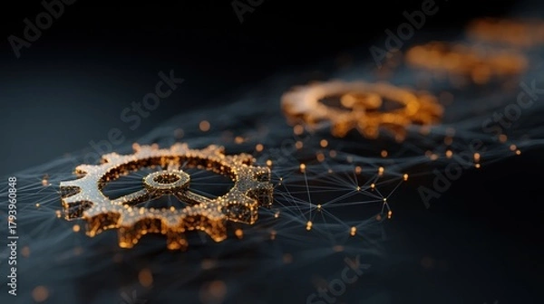 Obraz Abstract gear wheel network with glowing dots