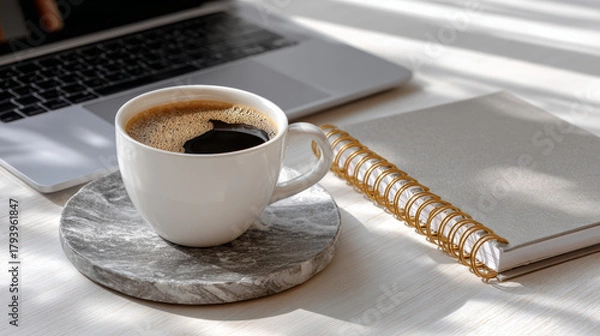 Fototapeta Office desk flat lay showcases laptop, coffee, and planner, sparking productive and organized feeling in this workspace setting