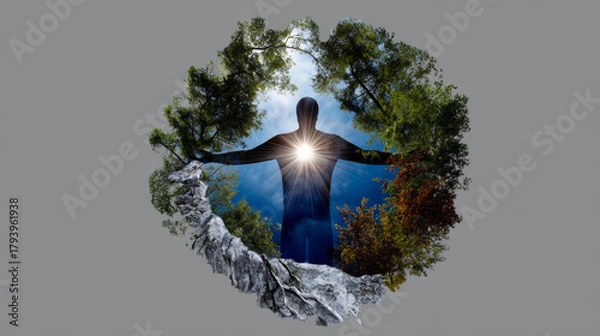 Fototapeta Figure stands embraced by nature, arms outstretched, radiating sense of peace and oneness with surrounding world, feeling deep connection