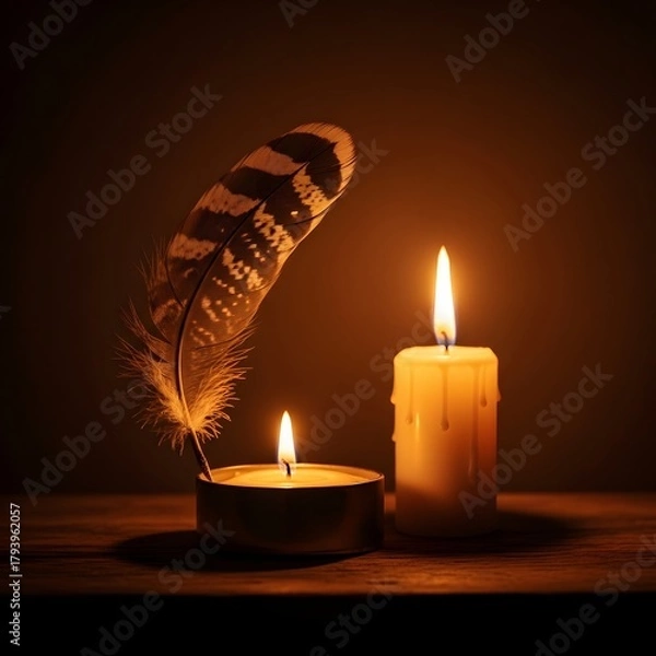 Fototapeta A serene scene featuring a lit candle and a feather quill in a dimly lit environment creating a peaceful and contemplative atmosphere
