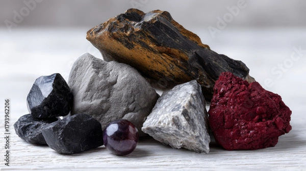 Fototapeta Earth minerals are grouped and presented on white background, showcasing their unique textures and colors, creating visually appealing and educational display