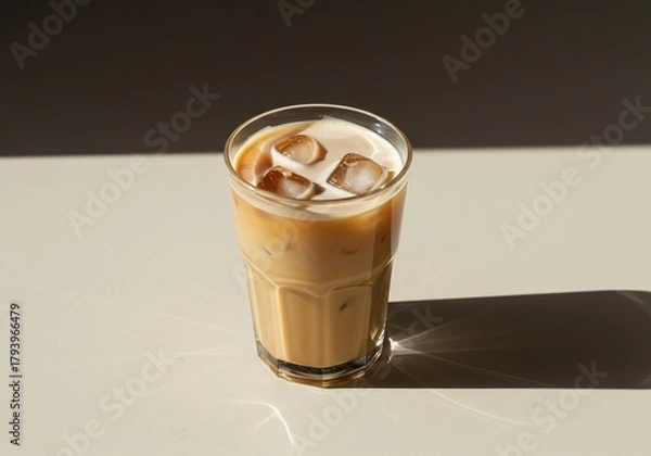 Fototapeta Creamy iced coffee beverage on a sun-drenched surface, evoking tranquil summer mornings and relaxed, warm-toned vibes ,serene ,creamy beverage ,golden