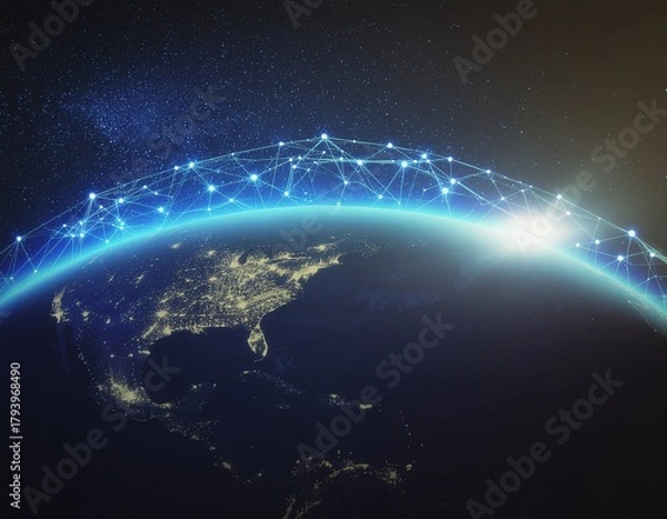 Fototapeta A nighttime satellite view of North America with a glowing blue network of digital connections across the curved horizon, set against a starry space background with a bright sun or moon