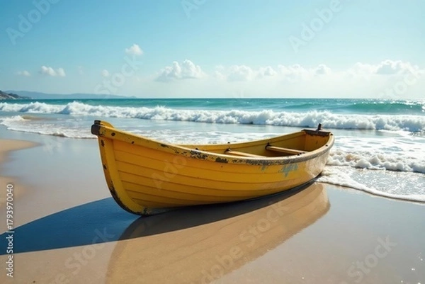 Fototapeta Weathered Plastic Rowboat Rocking Gently on a Sun-Drenched Beach, a poignant image depicting the environmental impact of plastic pollution on coastal ecosystems.