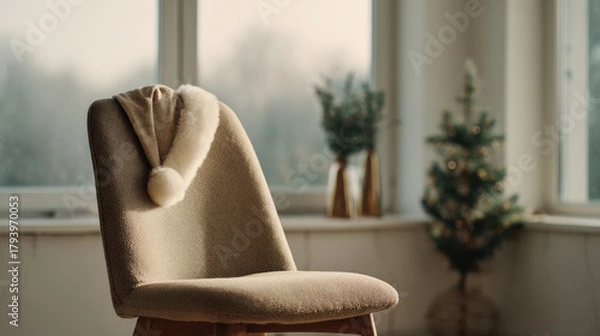 Fototapeta cozy winter interior featuring santa hat placed gently on elegant wooden chair creating warm and inviting holiday