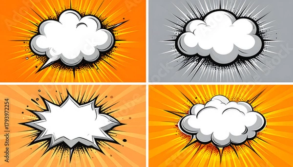 Obraz Dynamic collection of comic book style speech bubbles, thought clouds, and explosive burst effects with vibrant radial backgrounds, ideal for captivating graphic design projects