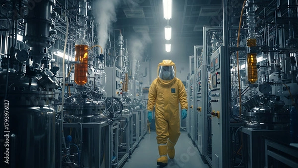 Fototapeta Hazmat-clad researcher walking between rows of advanced chemical processing units, industrial laboratory environment