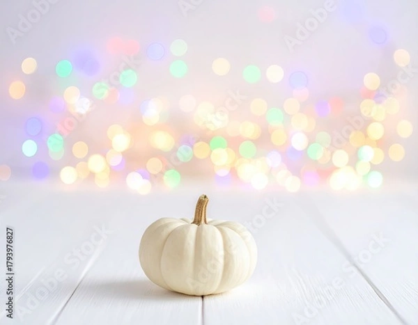 Fototapeta White pumpkin, bokeh lights backdrop. Soft, delicate fall