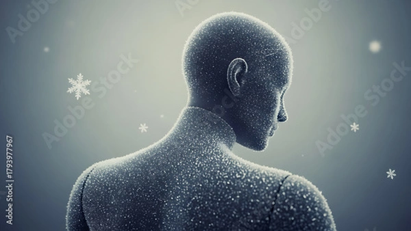 Fototapeta 3D scene of “cold shoulder” symbolized by a frosted mannequin turning away, snowflakes drifting through the air