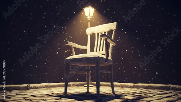 Fototapeta 3D “left out in the cold” visualized by an old chair covered in frost under streetlamp glow