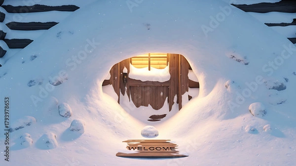 Fototapeta 3D photorealistic “blanket of snow” represented by cozy cabin covered in thick snow layers