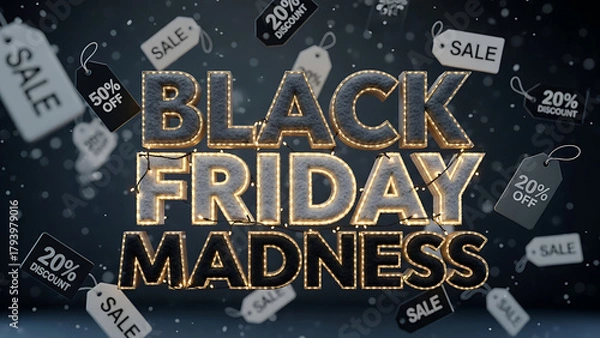 Fototapeta 3D photorealistic “Black Friday Madness” lettering made of dark wool and velvet, surrounded by glowing lights and flying sale tags