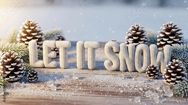 Fototapeta 3D photorealistic typography of “Let It Snow” crafted from cozy knitted wool fabric