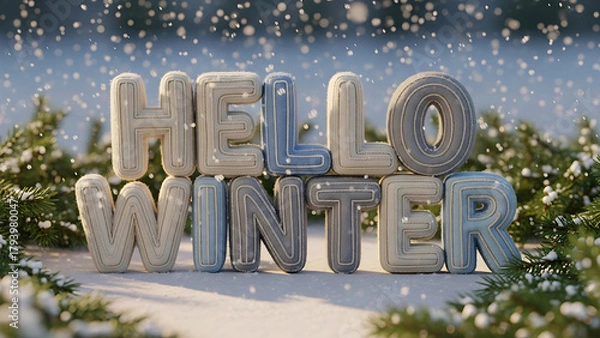 Fototapeta 3D photorealistic quote “Hello Winter” made from stitched wool letters, surrounded by falling snow and evergreen branches