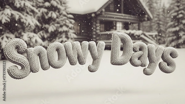 Fototapeta 3D “Snowy Days” lettering created from cable-knit yarn texture, placed in front of snowy cabin background