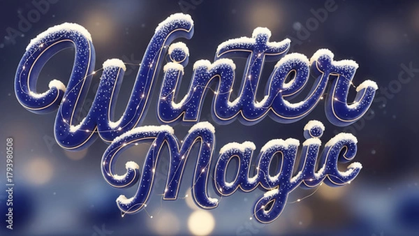 Fototapeta 3D photorealistic typography “Winter Magic” made of velvet-textured letters, surrounded by glowing fairy lights and snow dust