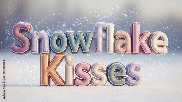 Fototapeta 3D quote “Snowflake Kisses” created from stitched felt fabric, surrounded by sparkling frost particles, soft pastel vintage winter palette