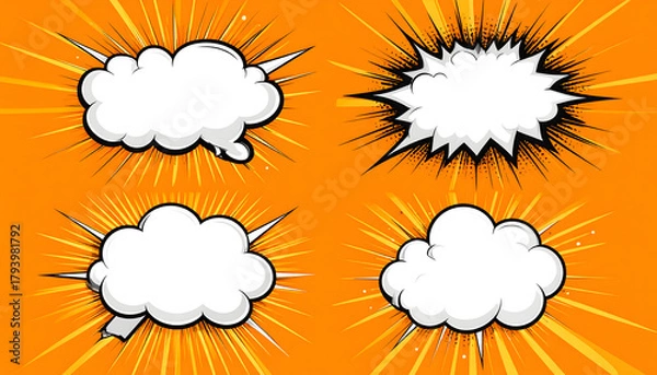 Obraz Dynamic comic book style speech bubbles and thought clouds on a vibrant pop art burst background, perfect for text and graphic design elements