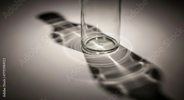 Fototapeta A clear glass jar casting a long, distorted shadow with light refraction patterns