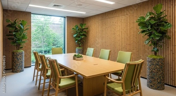 Fototapeta Professional meeting room with natural light and modern bamboo design promoting a calm and productive workspace for collaborative discussions and strategic planning