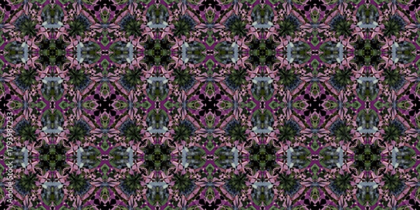 Fototapeta Jewel Toned Magenta and Green Abstract Mosaic Seamless Pattern. pattern victorian. Vivid Purple and Green Gothic Botanical Tileable Background. Luxury Decorative Abstract Floral Design