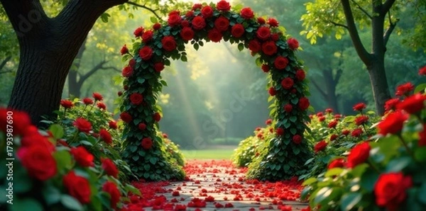 Fototapeta Enchanted Garden Wedding Altar with Blooming Flowers and Lush Greenery An enchanted garden wedding altar, overflowing with vibrant roses, peonies, and trailing ivy. Soft golden sunlight filters