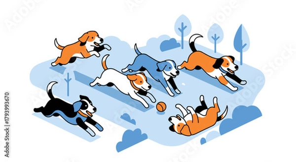 Obraz A playful group of diverse puppies joyfully frolicking and tumbling in an outdoor park setting.