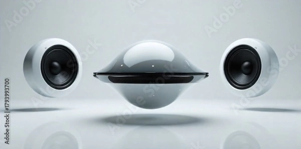 Fototapeta Floating speaker stands integrated into a futuristic, clean white interior. Futuristic floating speaker stands, appearing to hover in a completely white, minimalist interior. The stands have a smooth,