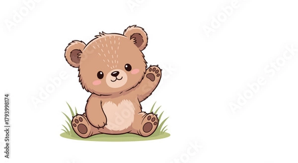 Obraz A cute little brown bear sitting in green grass waving its paw hello.