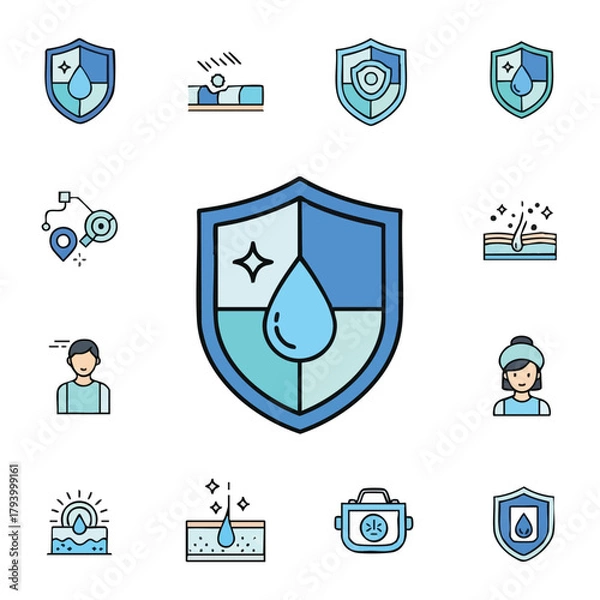 Obraz A collection of vector icons representing skincare, dermatology, and beauty treatments, featuring water drops, shields, and radiant skin symbols, perfect for design use.