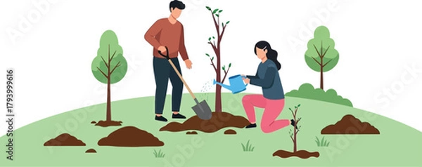 Obraz Couple joyfully planting trees together outdoors, nurturing nature's growth for a greener future, spreading hope and environmental care.
