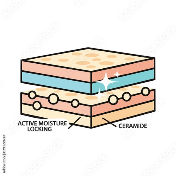 Obraz A diagram illustrates how active moisture locking and ceramide work to hydrate and protect the skin, showing the layers and processes involved in skincare.