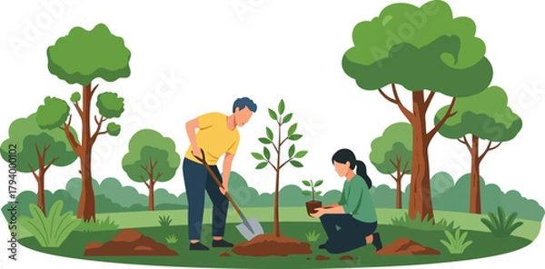 Obraz Couple happily planting a young tree together in a lush green park, fostering nature and community spirit for a sustainable future