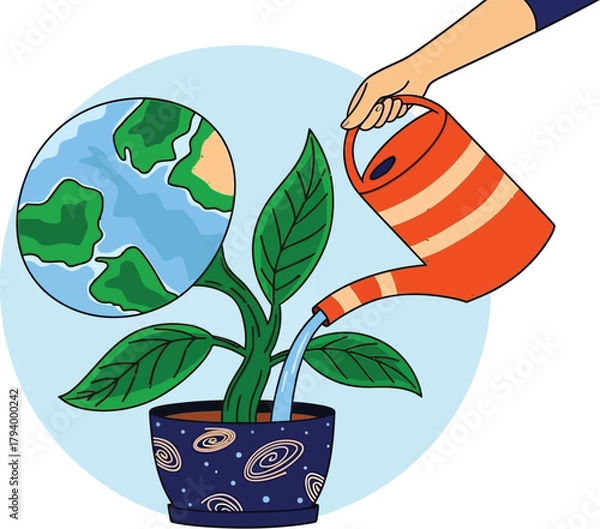 Obraz Nurturing our planet with care, a hand waters a plant that grows into Earth, symbolizing environmental stewardship and a hopeful future.