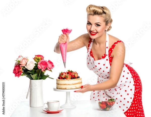 Obraz A woman in a retro outfit decorates a cake with a pastry bag, roses in a vase, strawberries, and a teacup