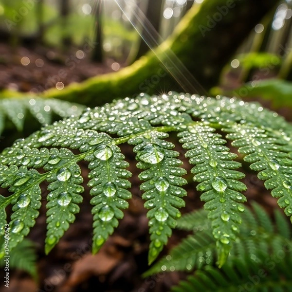 Fototapeta Close-up view of a vibrant green fern leaf covered with glistening water droplets in a lush forest setting after rain