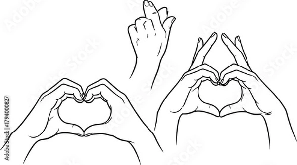 Obraz Expressive hand gestures forming hearts and a playful snap convey love, connection, and dynamic communication in this clean line art style.