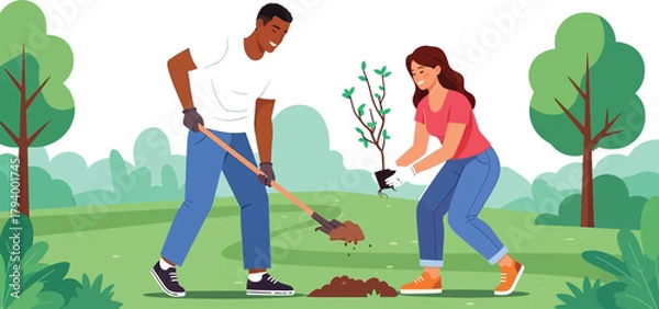 Obraz Joyful couple happily planting a young tree together in a vibrant park, fostering growth and community spirit.